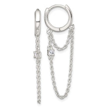 Sterling Silver CZ Dangling Chain Round Hinged Hoop Earrings