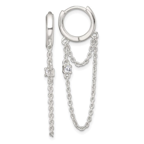 Sterling Silver CZ Dangling Chain Round Hinged Hoop Earrings