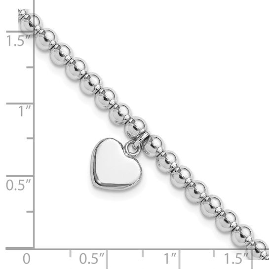 Sterling Silver 4mm Beaded Dangle Heart Bracelet