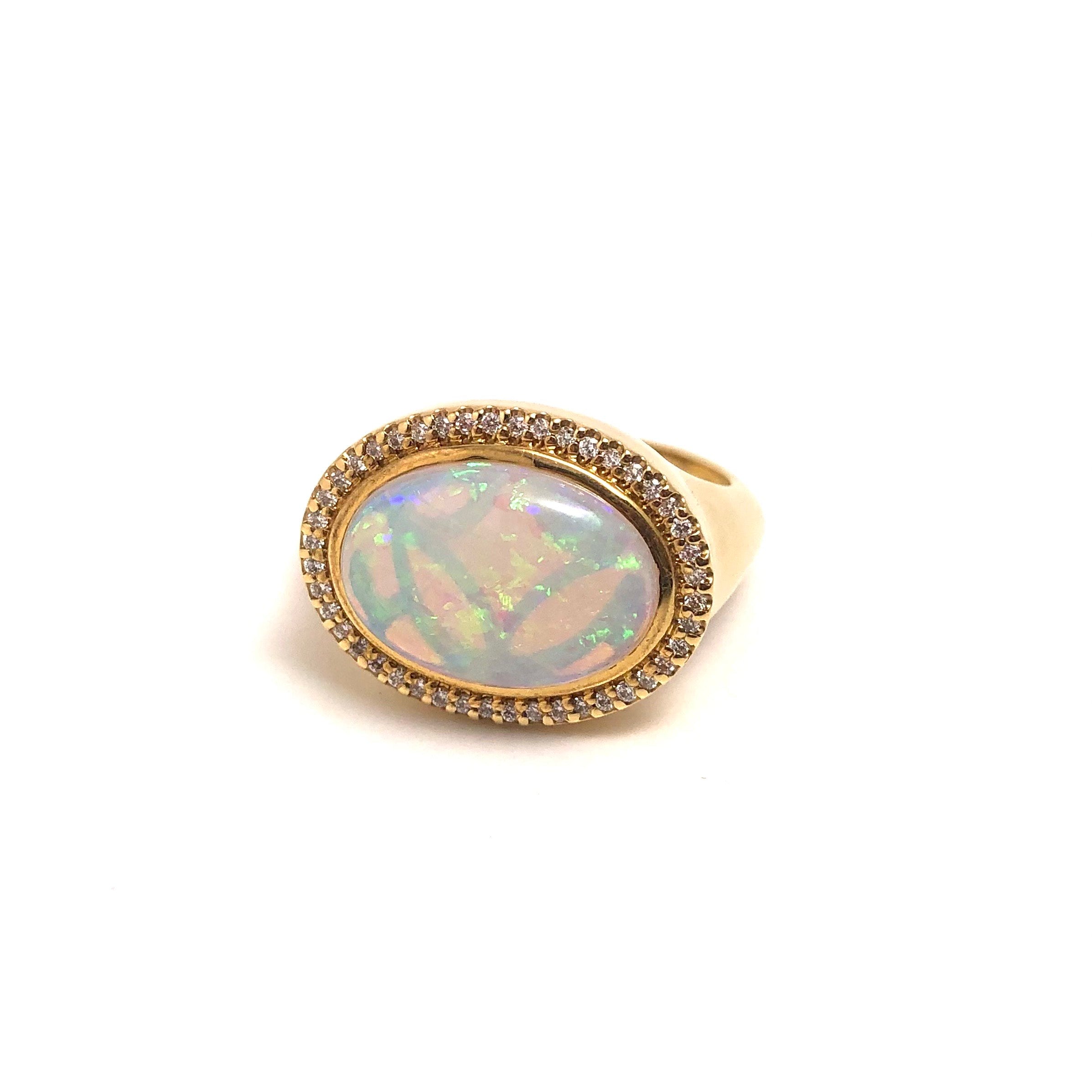 18KY Australian Opal & Diamond Halo Ring
