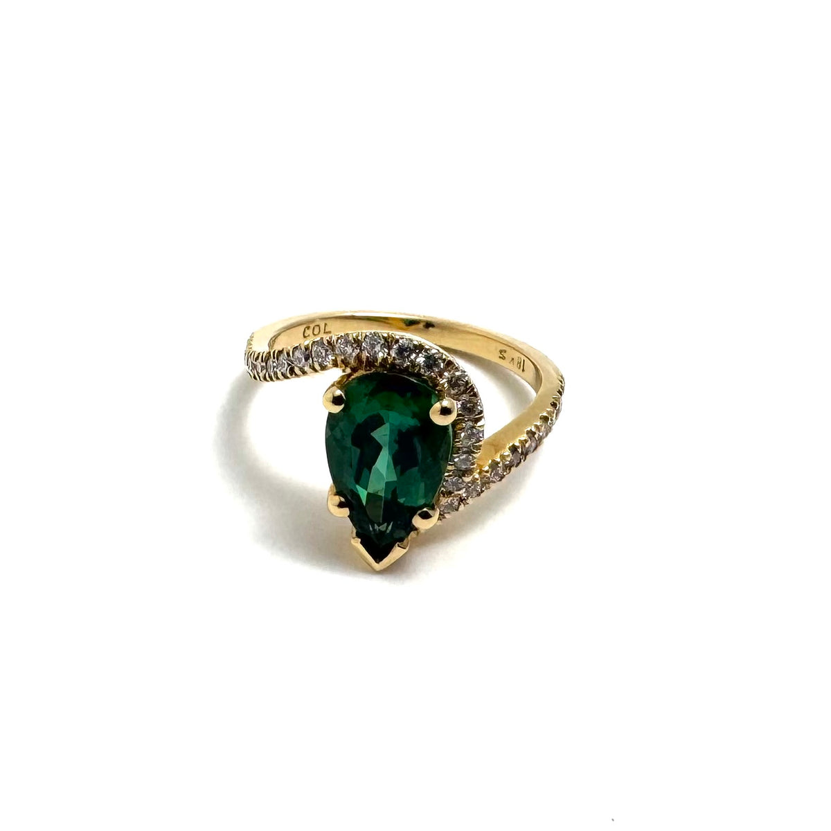 18KY Ring Gen. Gr.Tourmaline Pear =2.35ct 28Dia=0.42ct