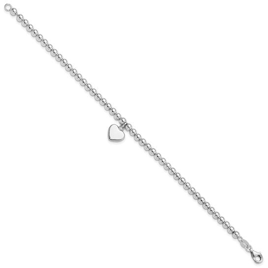 Sterling Silver 4mm Beaded Dangle Heart Bracelet