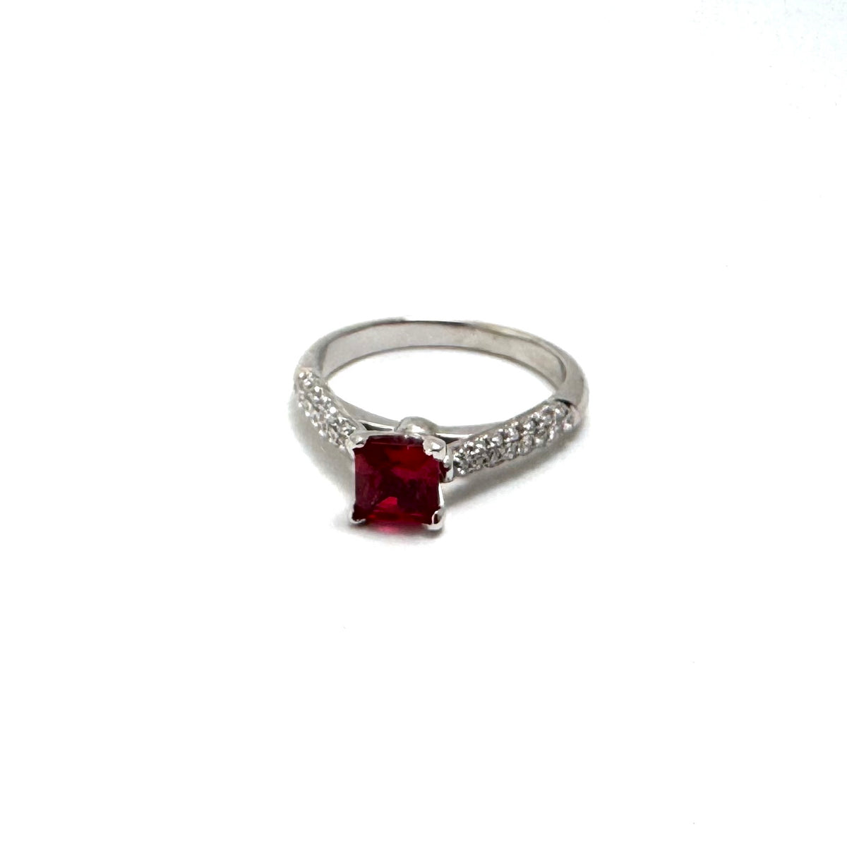 Custom 14K White Gold Lab Ruby & Diamond Ring Size 6