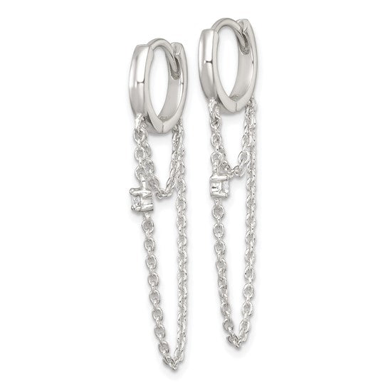 Sterling Silver CZ Dangling Chain Round Hinged Hoop Earrings