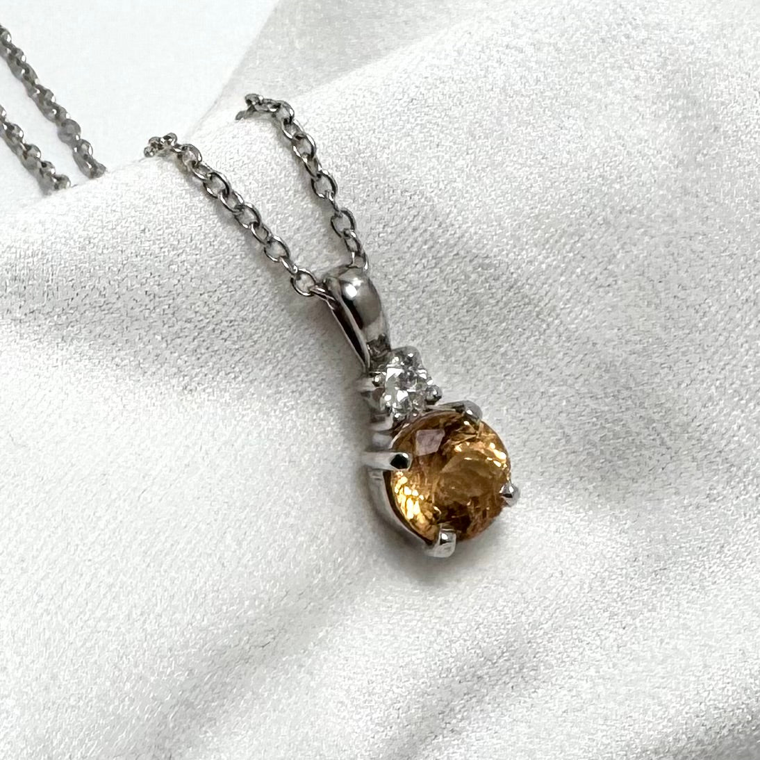 14K White Gold Hessonite Garnet & Diamond Necklace 18-Inch