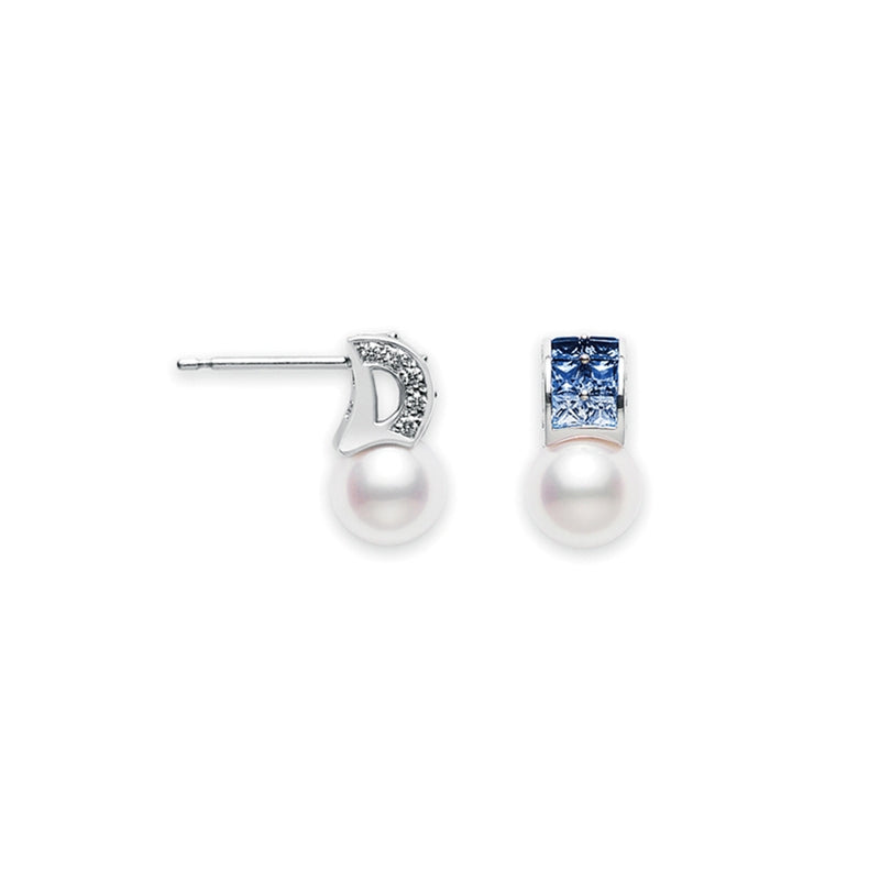Mikimoto Akoya Pearl Studs with Sapphires and Diamonds