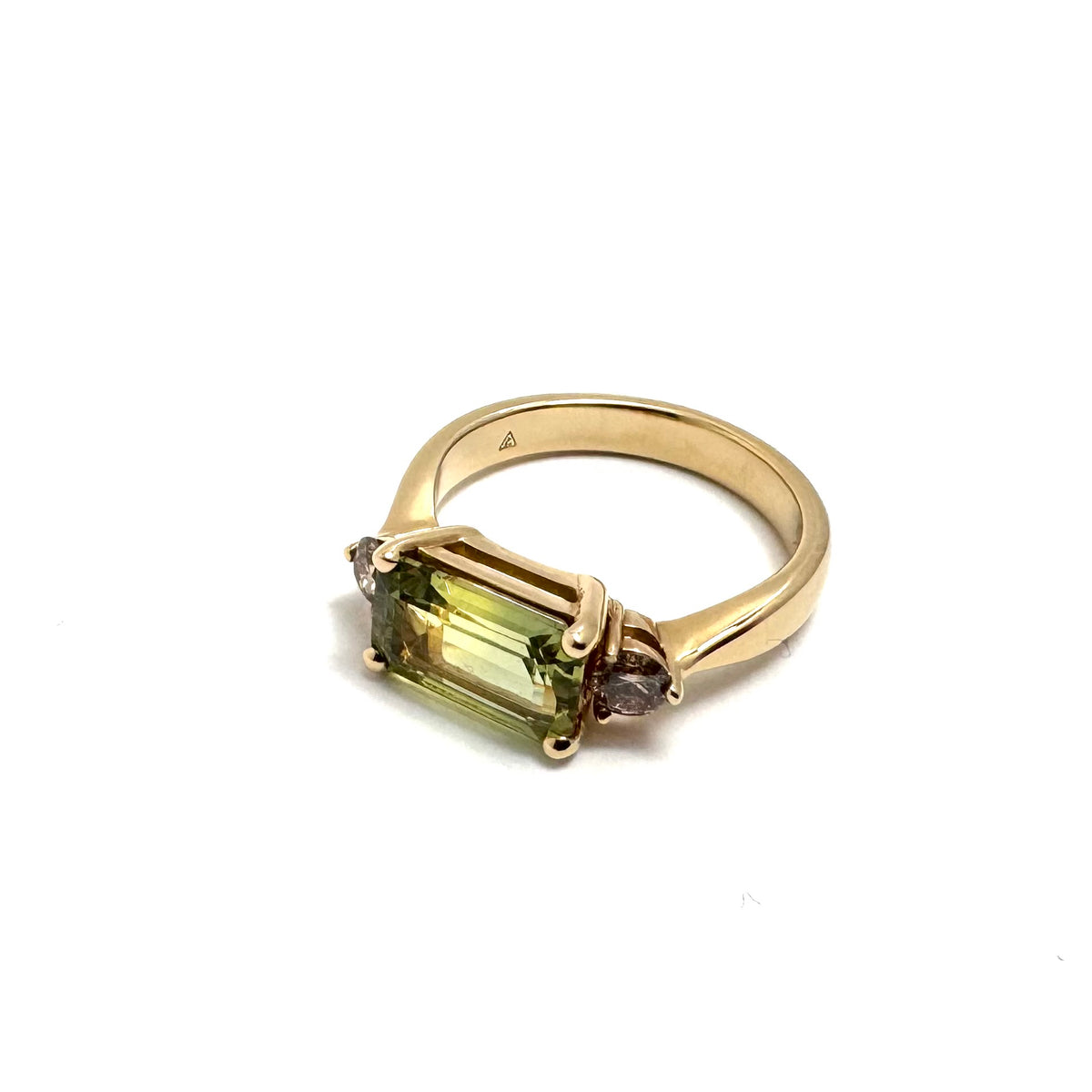 14K Yellow Gold Yellow-Green Sapphire & Brown Diamond Ring Size 6.25