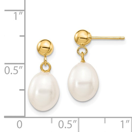 14K Yellow Gold 7-8mm Rice Fresh Water Pearl Dangle Earrings