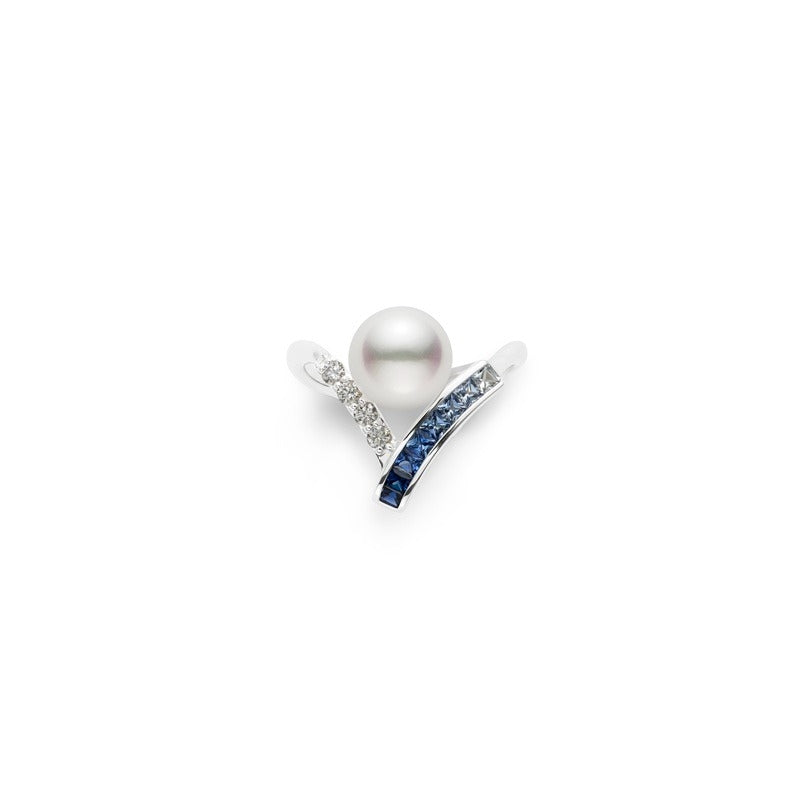 Mikimoto Akoya Pearl with Sapphire and Diamond Ring in White Gold