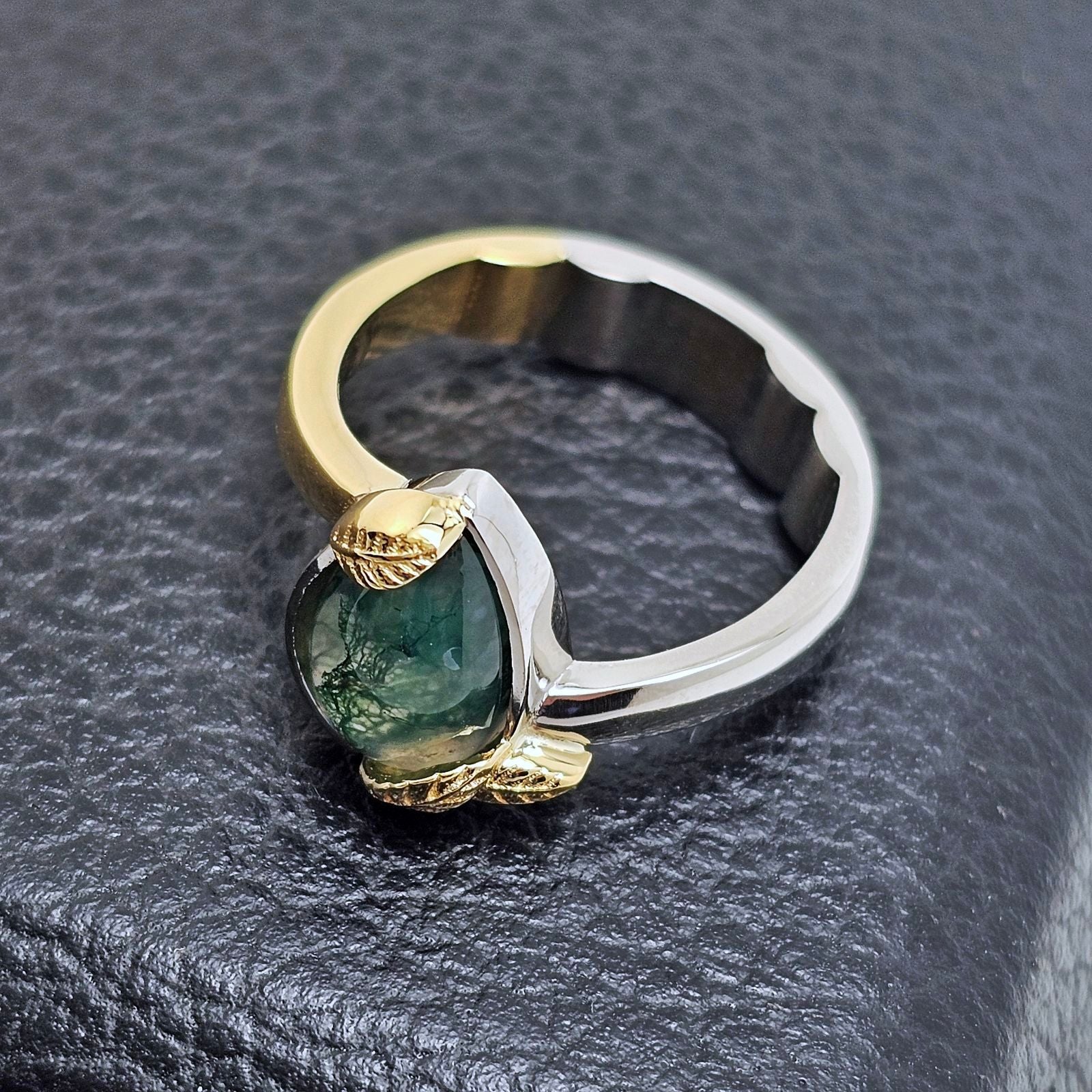 Custom Platinum Moss Agate Bypass Ring with 18K Gold Leaves