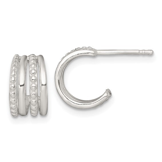 Silver 4Row Bead/Polished 11mm C-Hoop Earrings