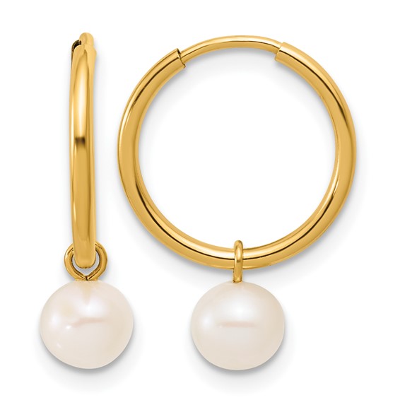 14K Gold Filled 5.6mm Fresh Water Pearl Dangle Hoops