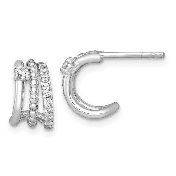 Sterling Silver Beaded CZ C-Hoop Earrings