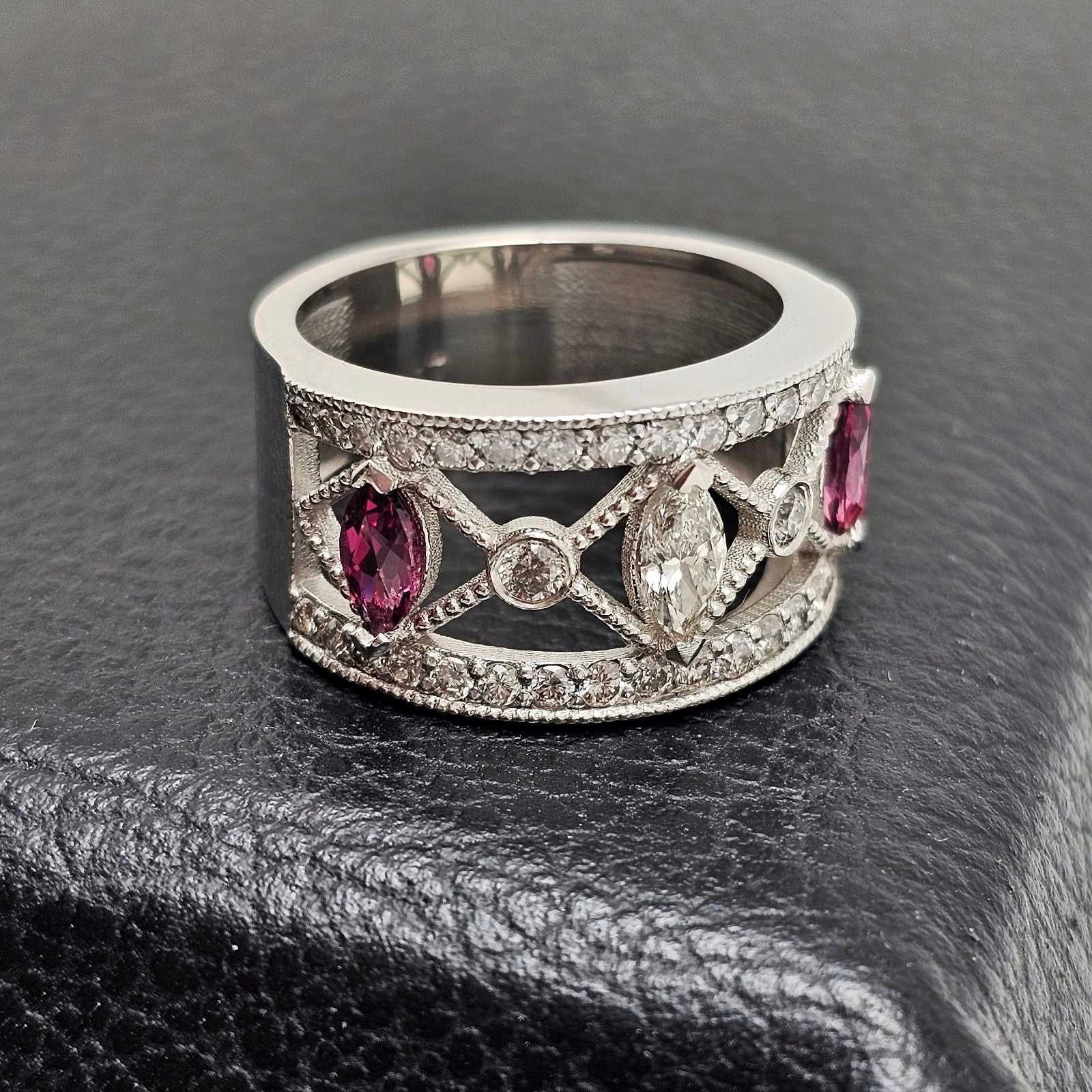 Custom Platinum Wide Band with Marquise Rhodolite Garnet