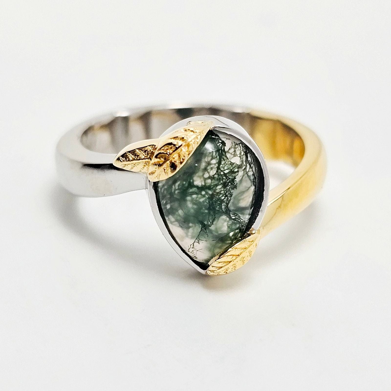 Custom Platinum Moss Agate Bypass Ring with 18K Gold Leaves
