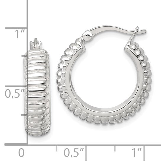 Silver Ribbed 21x6mm Round Hoop Earrings