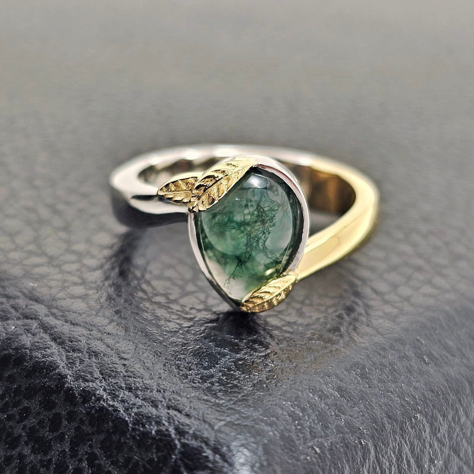 Custom Platinum Moss Agate Bypass Ring with 18K Gold Leaves