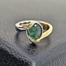 Custom Platinum Moss Agate Bypass Ring with 18K Gold Leaves