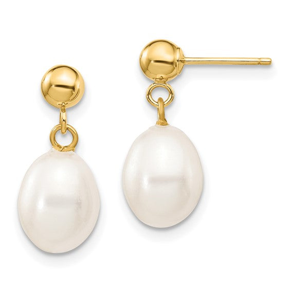 14K Yellow Gold 7-8mm Rice Fresh Water Pearl Dangle Earrings
