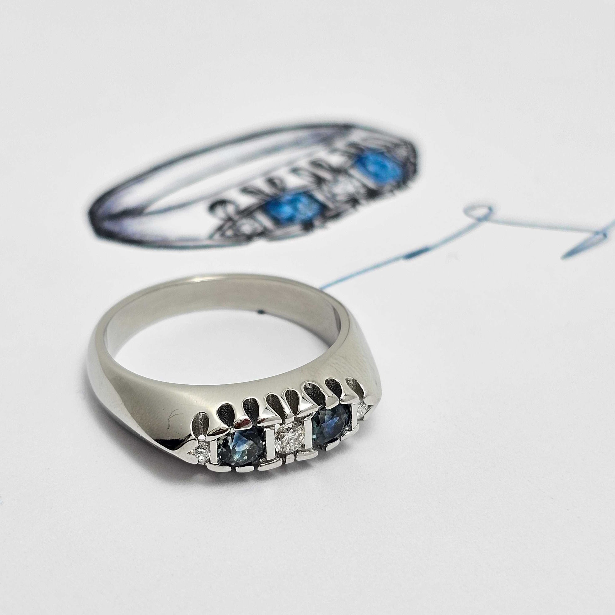 Custom Platinum Three-Stone Diamond and Sapphire Semi-Mount