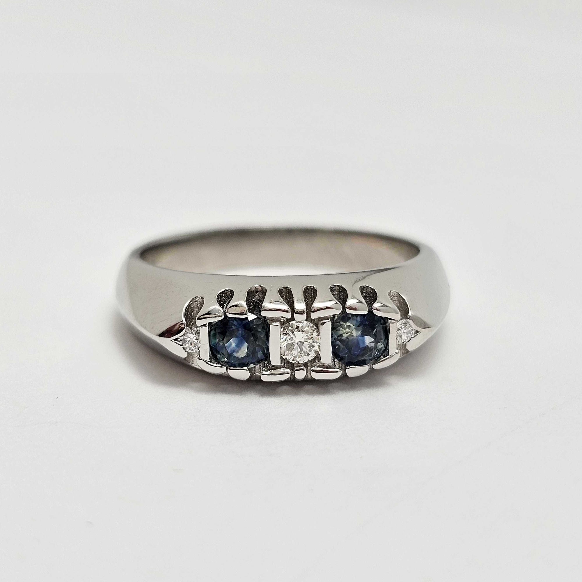 Custom Platinum Three-Stone Diamond and Sapphire Semi-Mount
