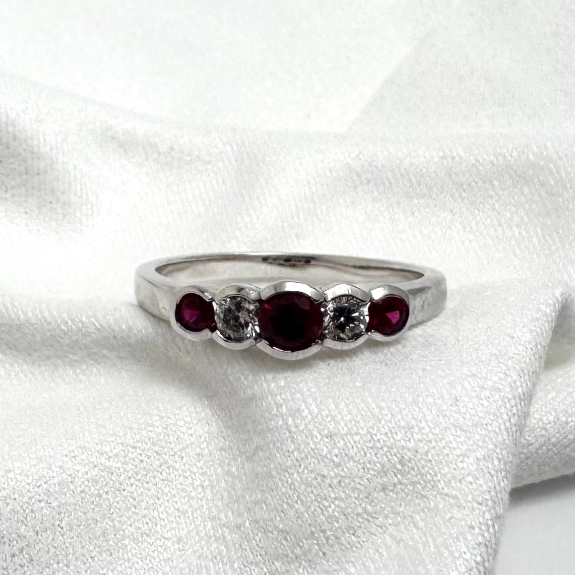 14K White Gold Alternating Ruby & Diamond Ring Size 6