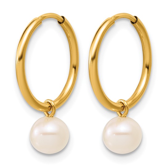 14K Gold Filled 5.6mm Fresh Water Pearl Dangle Hoops