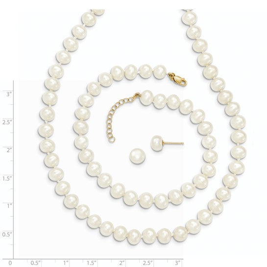 14K Yellow Gold 6-7mm Fresh Water Pearl Necklace, Bracelet & Stud Set