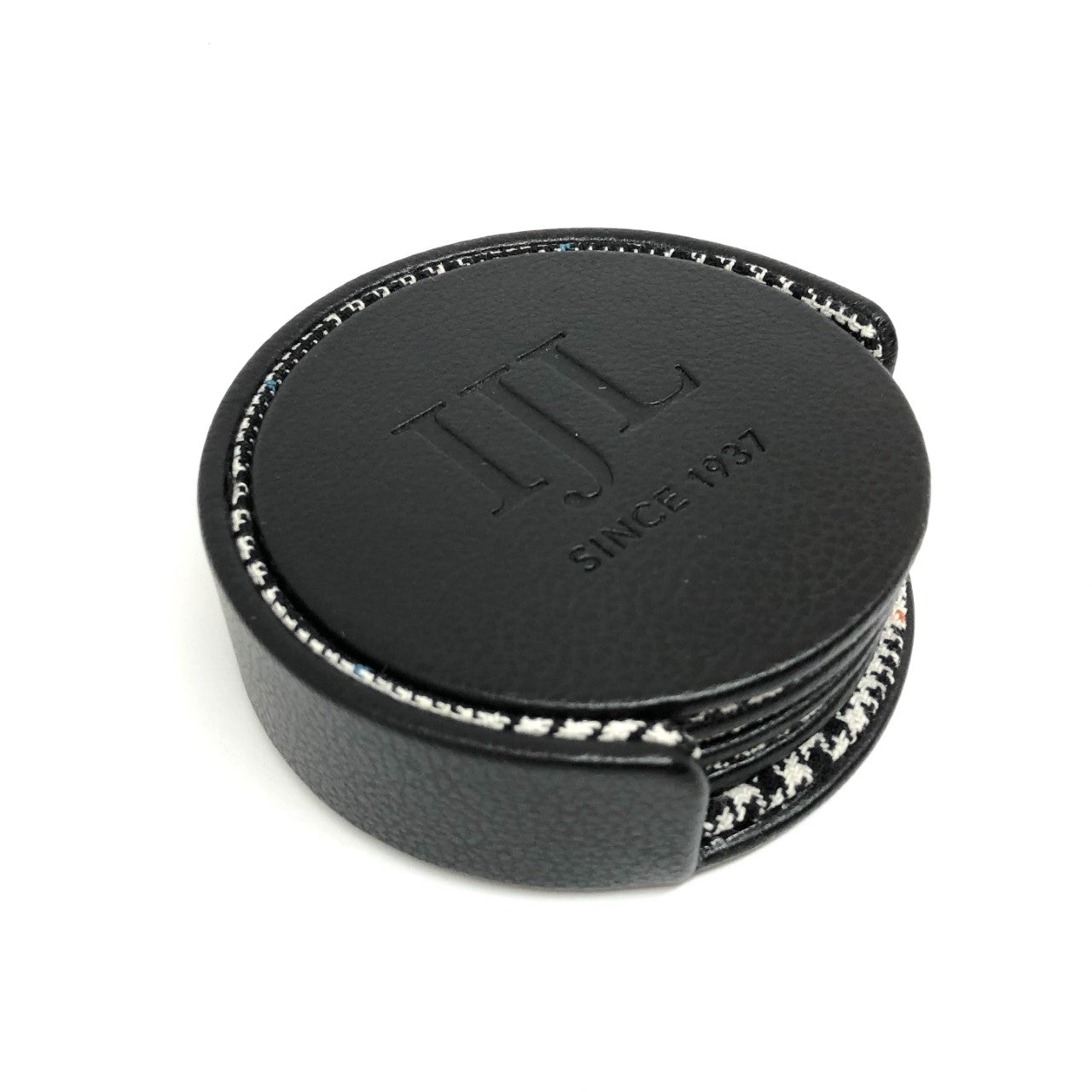 WOLF & IJL Black Leather and Plaid Fabric Coaster Set
