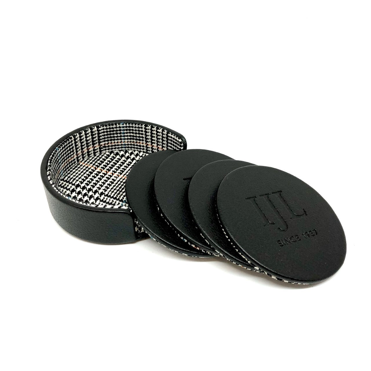 WOLF & IJL Black Leather and Plaid Fabric Coaster Set