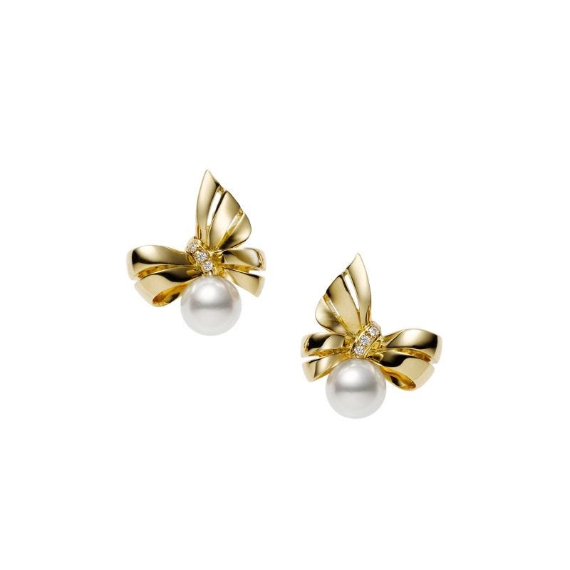 Mikimoto Bow Earrings 18K Yellow Gold