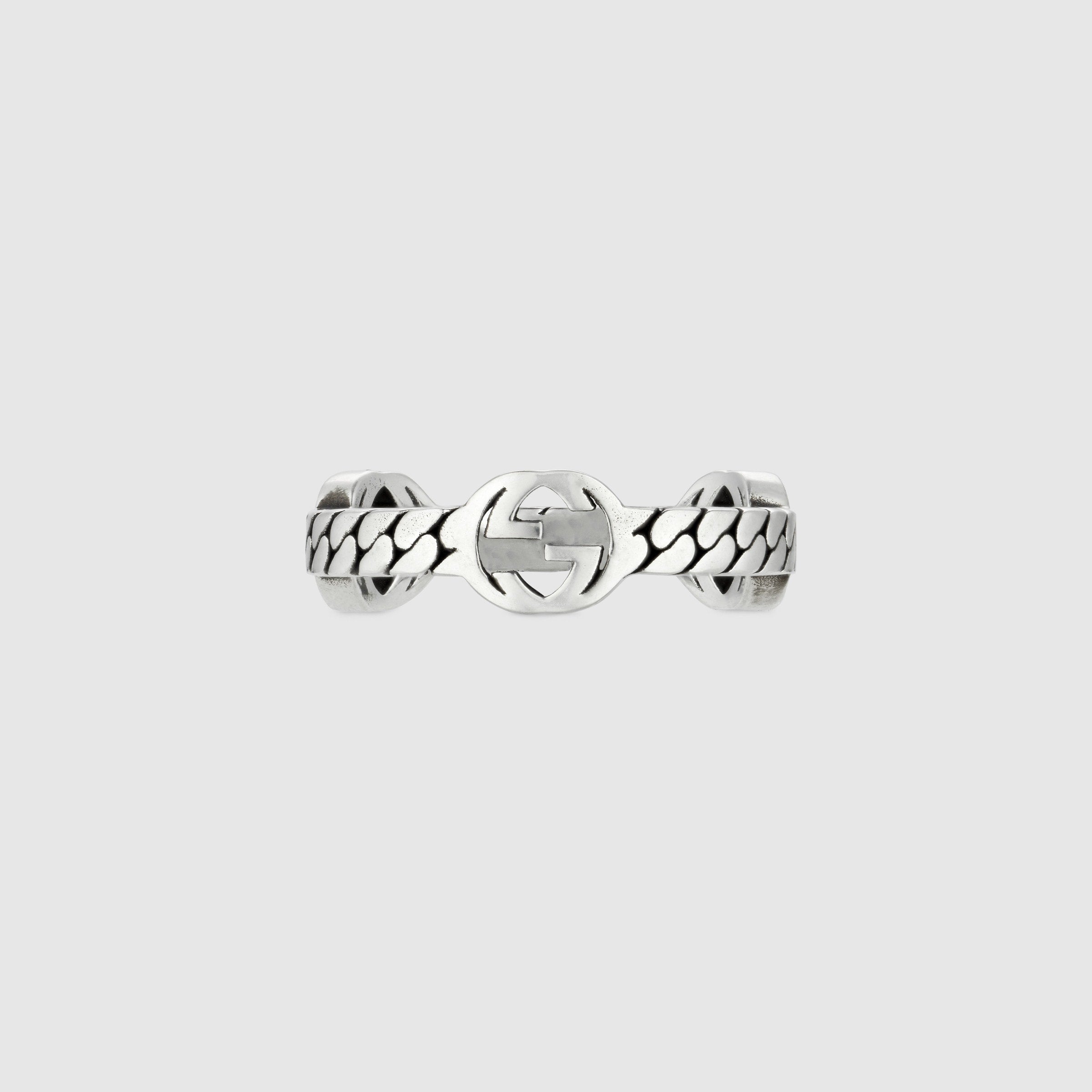 Gucci Silver Ring with Interlocking G and Gourmette Detail