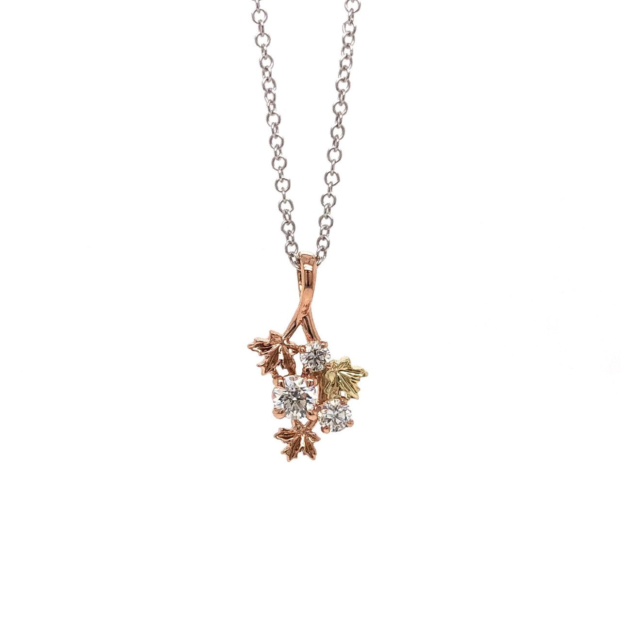14K Tri-Gold Maple Branch Diamond Necklace (Chain Included)