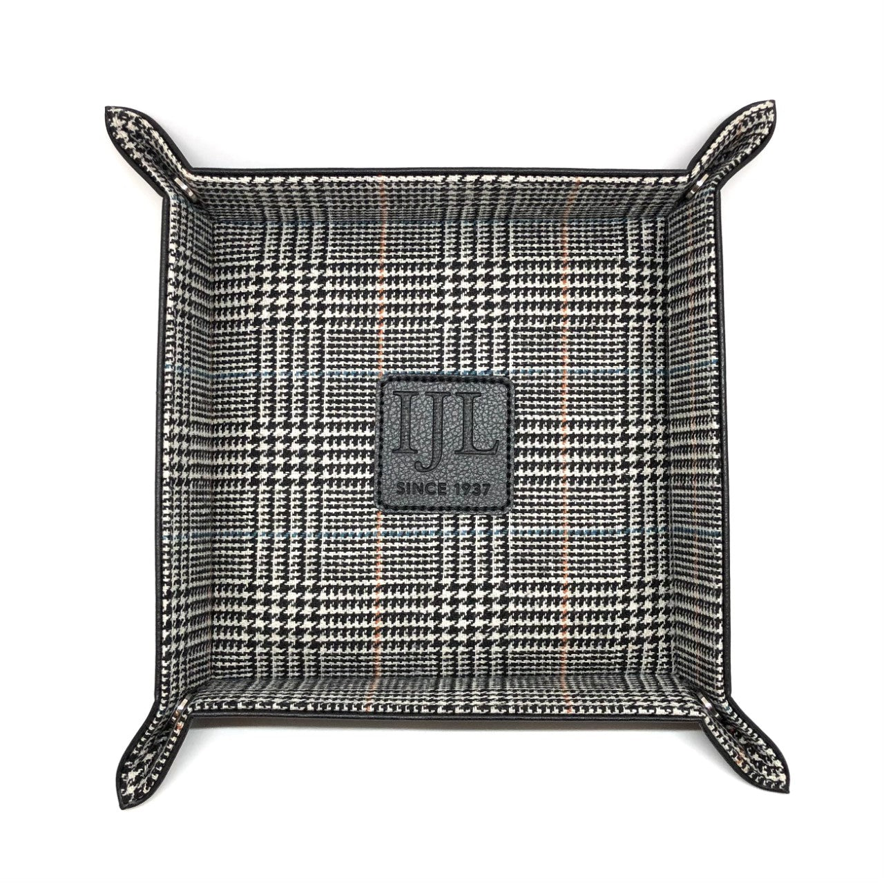 WOLF & IJL Black Leather and Plaid Fabric Accessory Tray