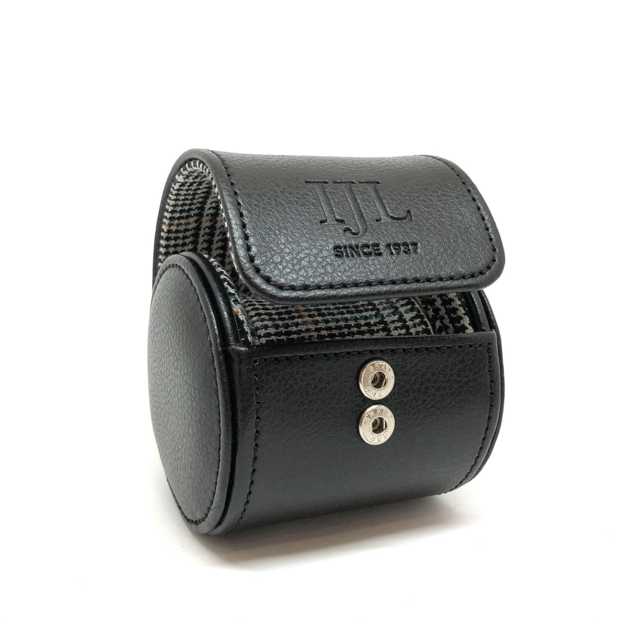 WOLF & IJL Black Leather and Plaid Fabric Single Watch Roll