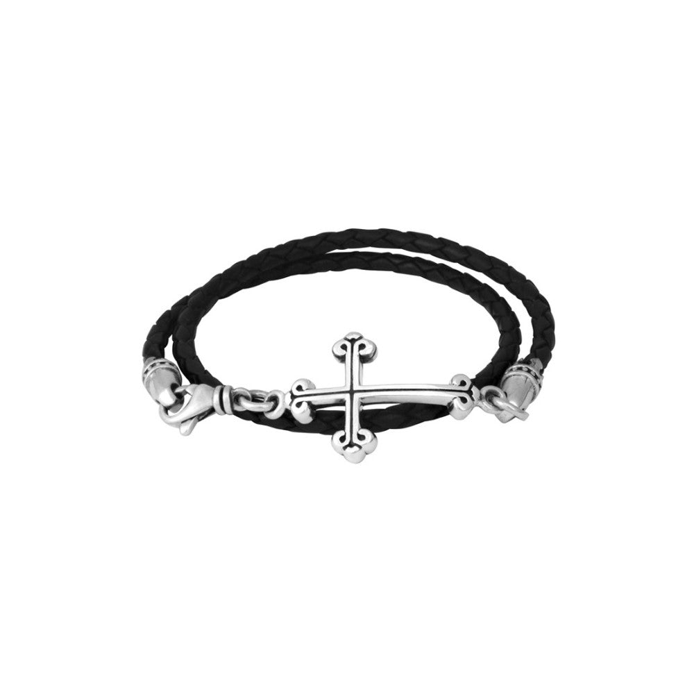 King Baby Thin Braided Leather Traditional Cross Double Wrapped Bracelet