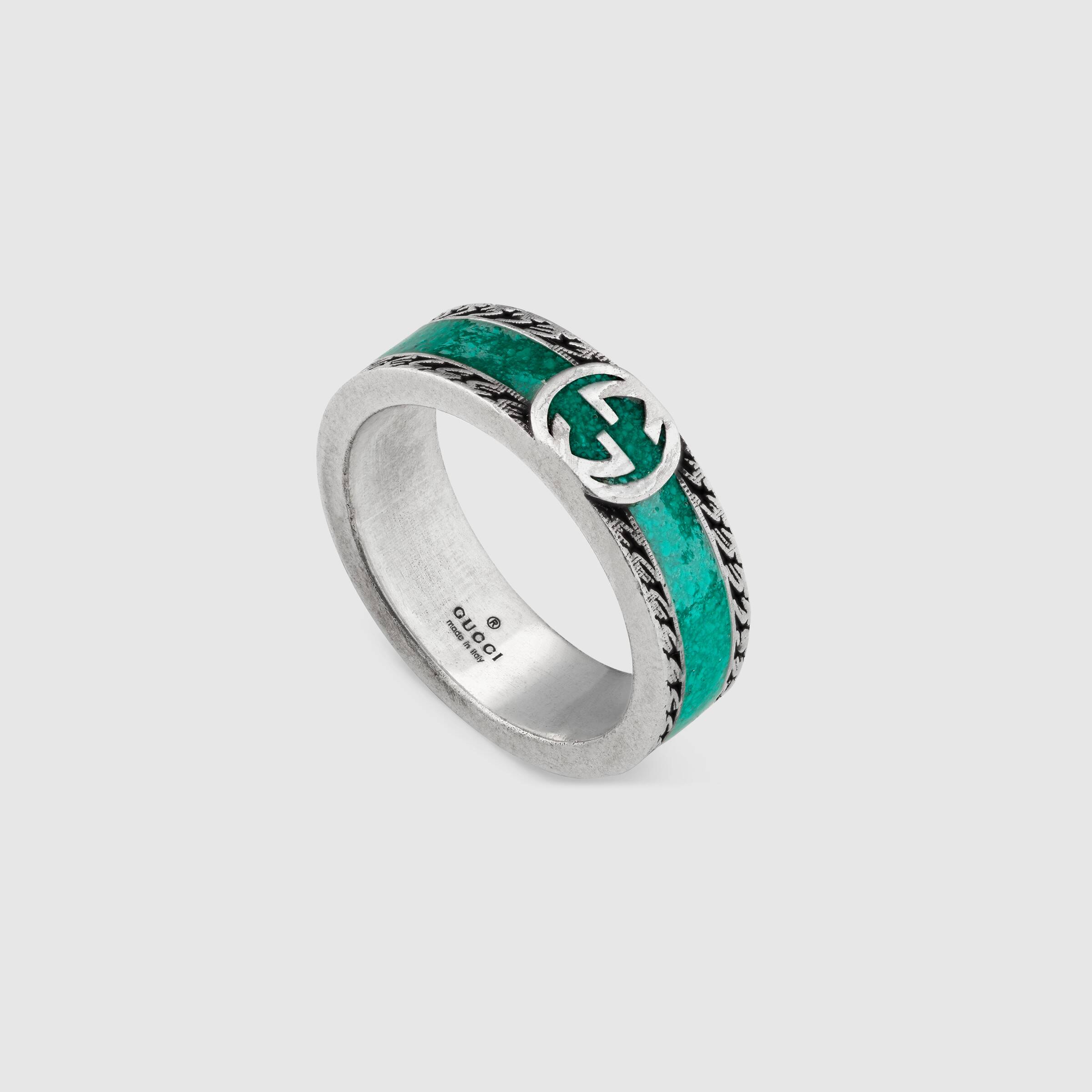 Gucci Interlocking G Silver Ring with Turquoise Enamel