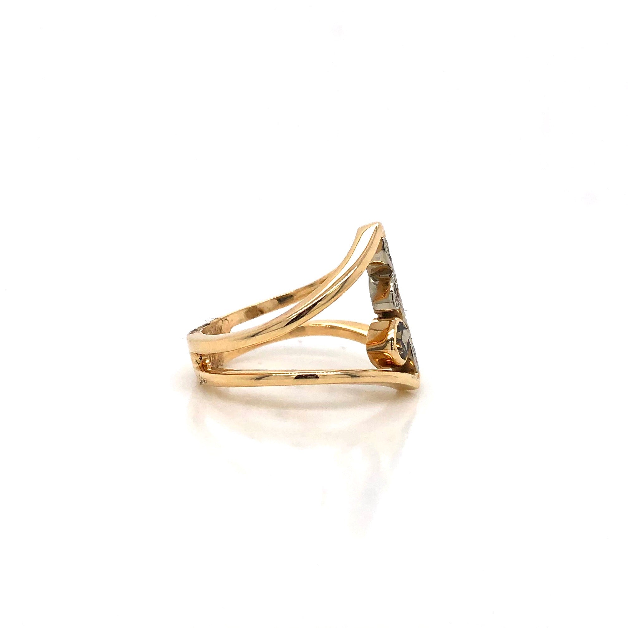 Yellow Gold Abstract Brown and White Diamond Leaves Ring